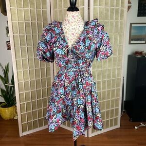 Karlie Hydrangea V Neck Tiered Poplin Mini Dress Size L